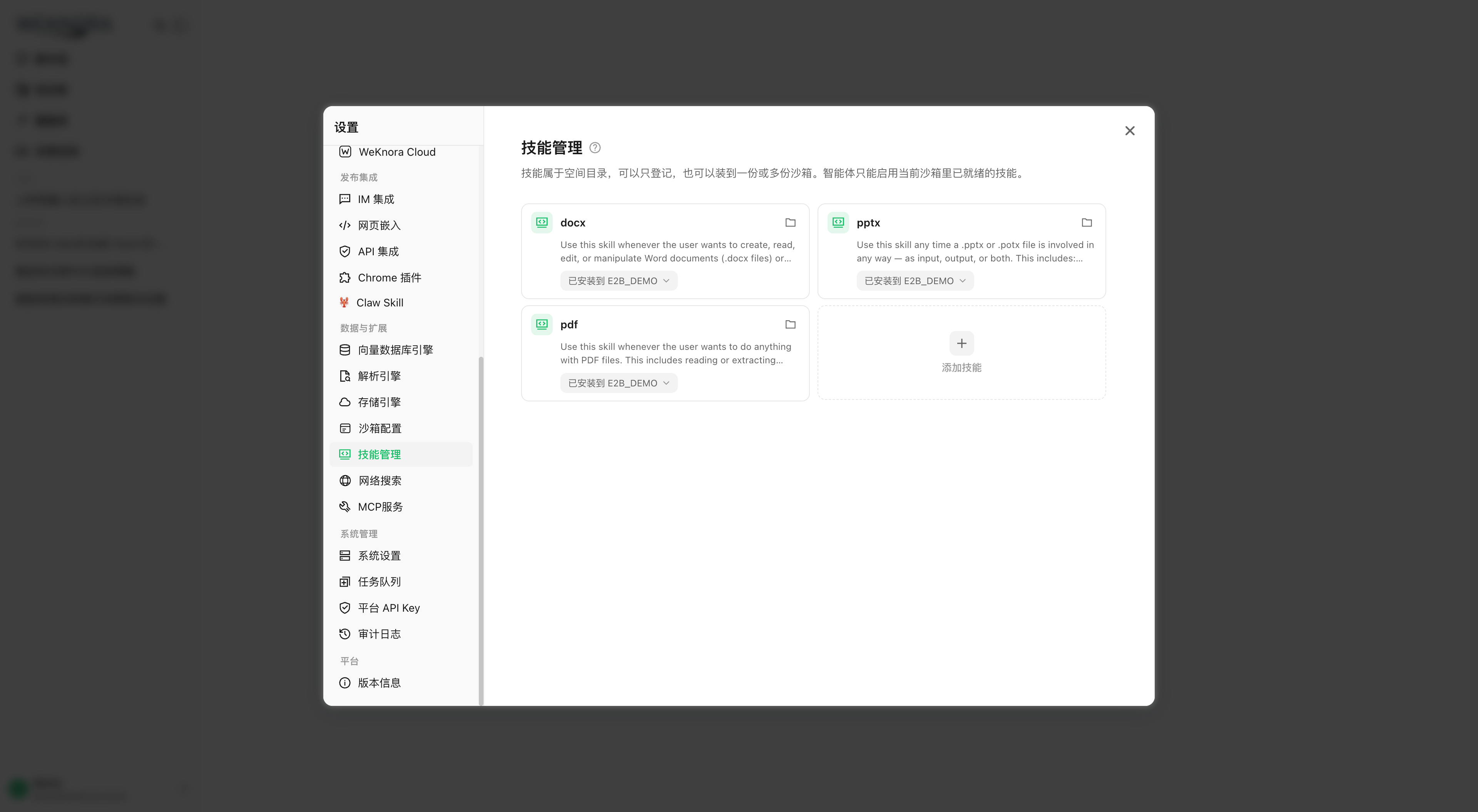 ワークスペースのスキルカタログ（docx / pptx / pdf を E2B にインストール）